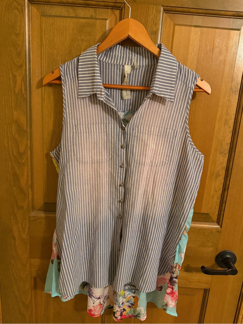 Aratta Silent Journey Mixed Media Floral Pinstripe Tunic Top Womens L Boho